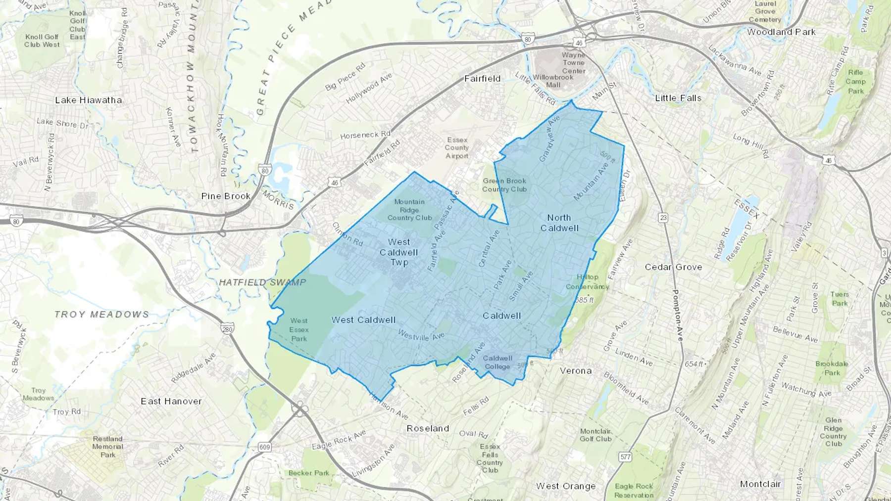 Caldwell, NJ Cash heating Oil delivery map Map of the COD Fuel Oil delivery service area for Caldwell, NJ