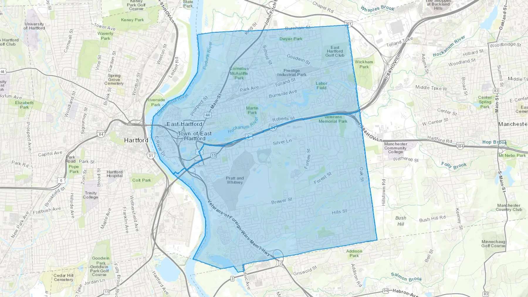 East Hartford, CT Cash heating Oil delivery map Map of the COD Fuel Oil delivery service area for East Hartford, CT