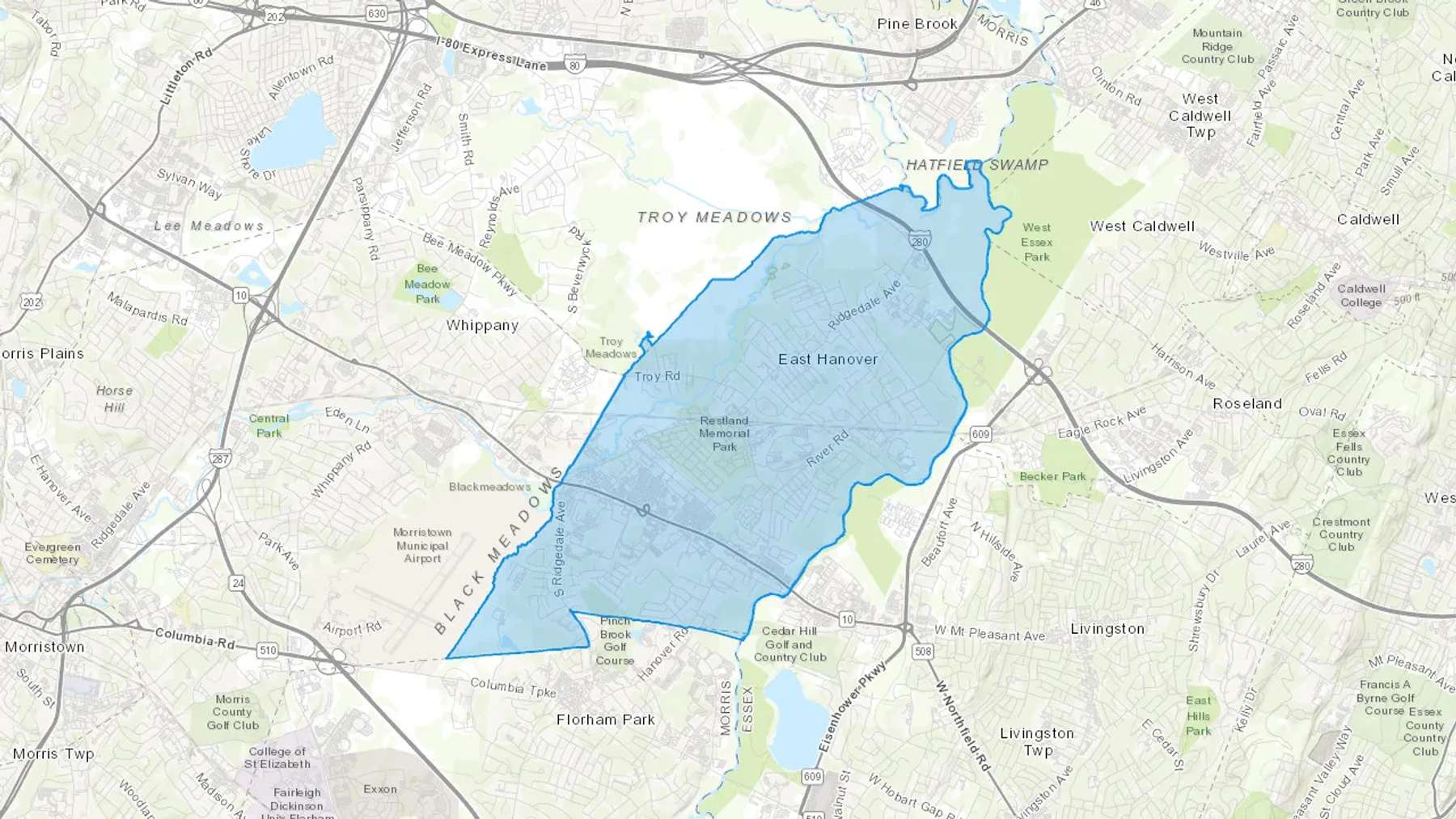 East Hanover, NJ Cash heating Oil delivery map Map of the COD Fuel Oil delivery service area for East Hanover, NJ