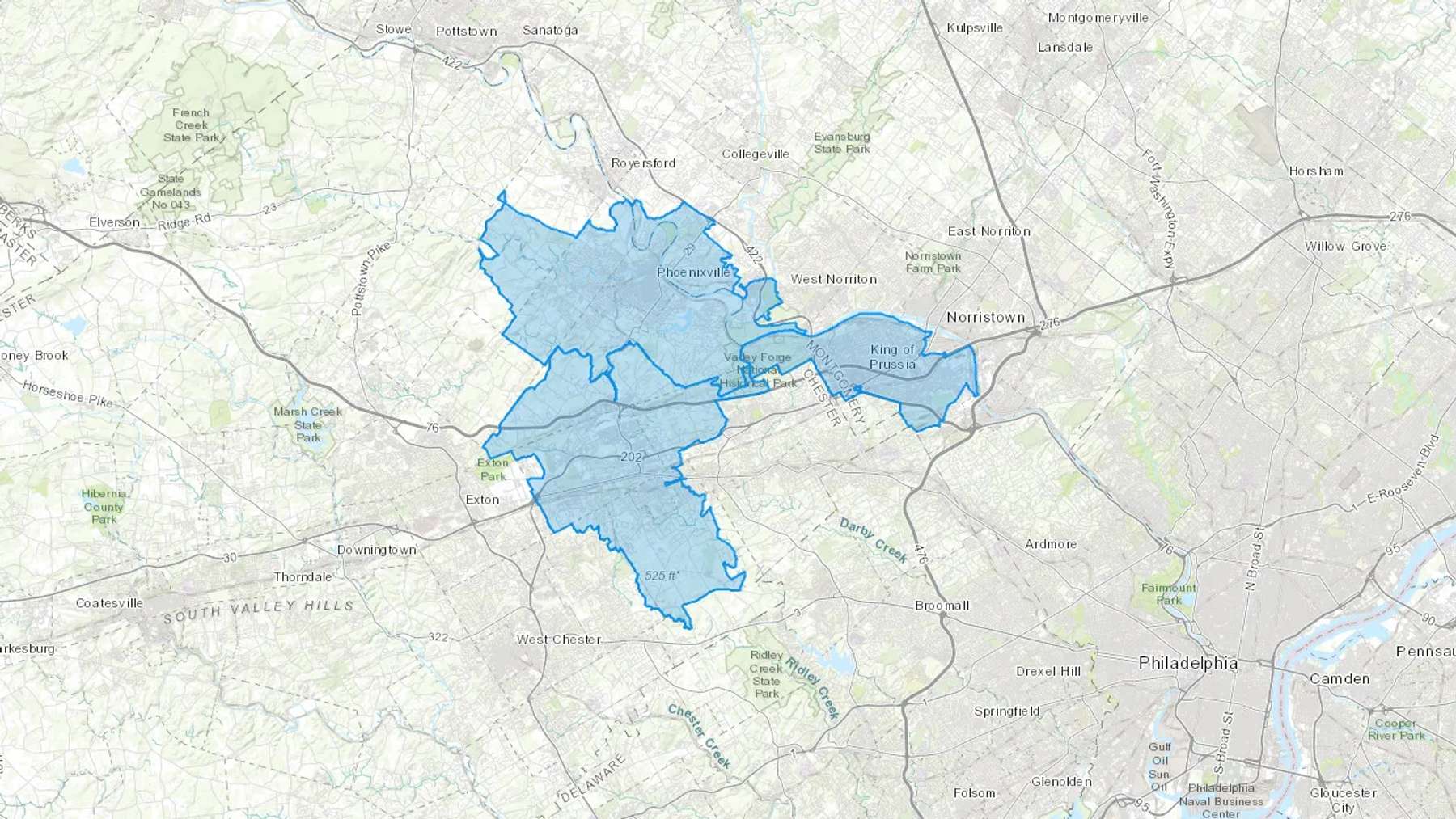 Valley Forge, PA Cash heating Oil delivery map Map of the COD Fuel Oil delivery service area for Valley Forge, PA