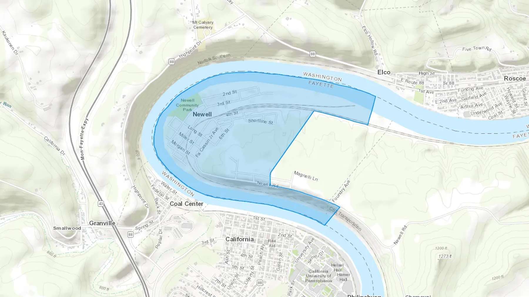 Newell, PA Cash heating Oil delivery map Map of the COD Fuel Oil delivery service area for Newell, PA