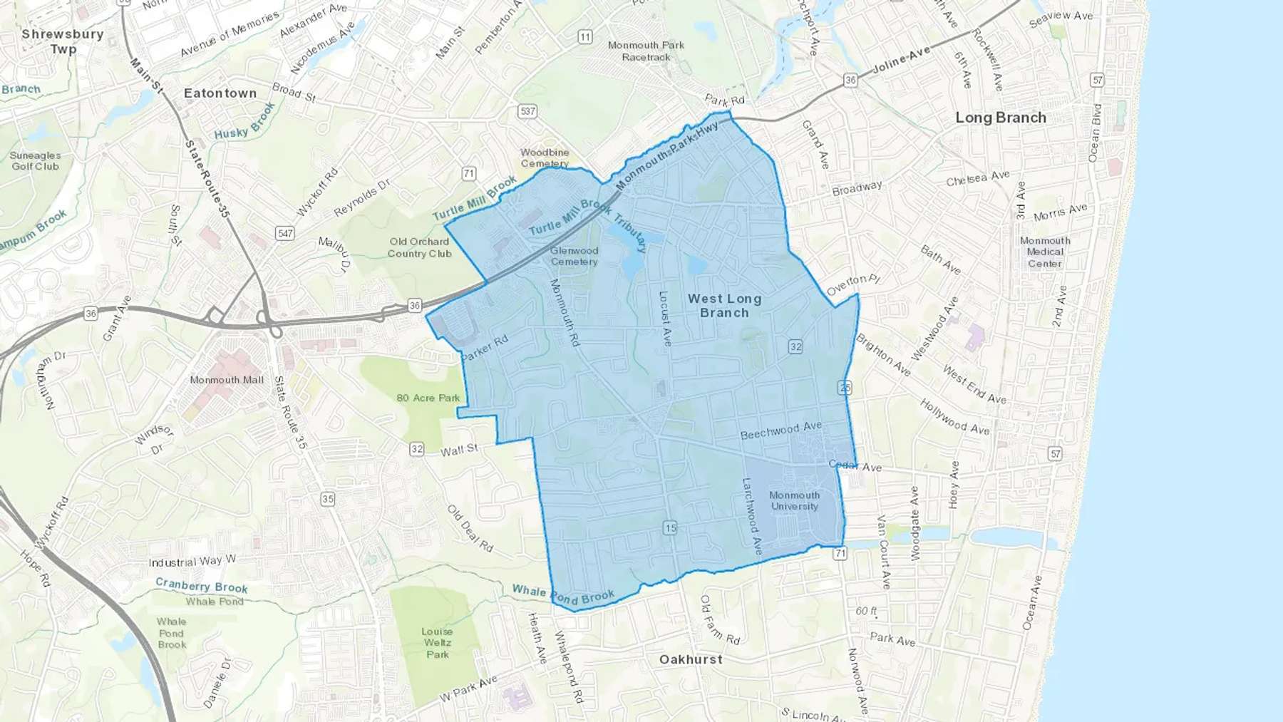 West Long Branch, NJ Cash heating Oil delivery map Map of the COD Fuel Oil delivery service area for West Long Branch, NJ