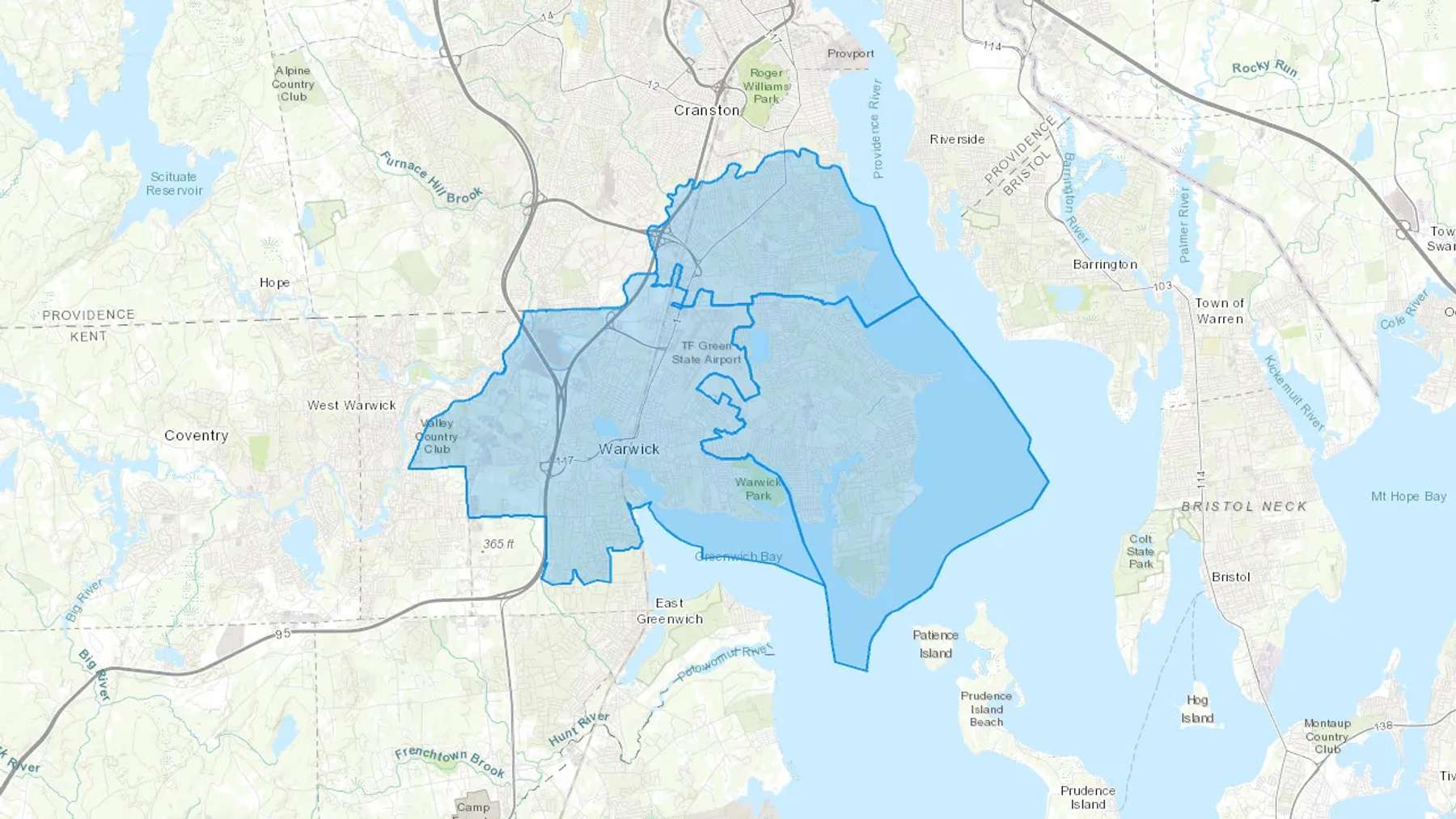 Warwick, RI Cash heating Oil delivery map Map of the COD Fuel Oil delivery service area for Warwick, RI