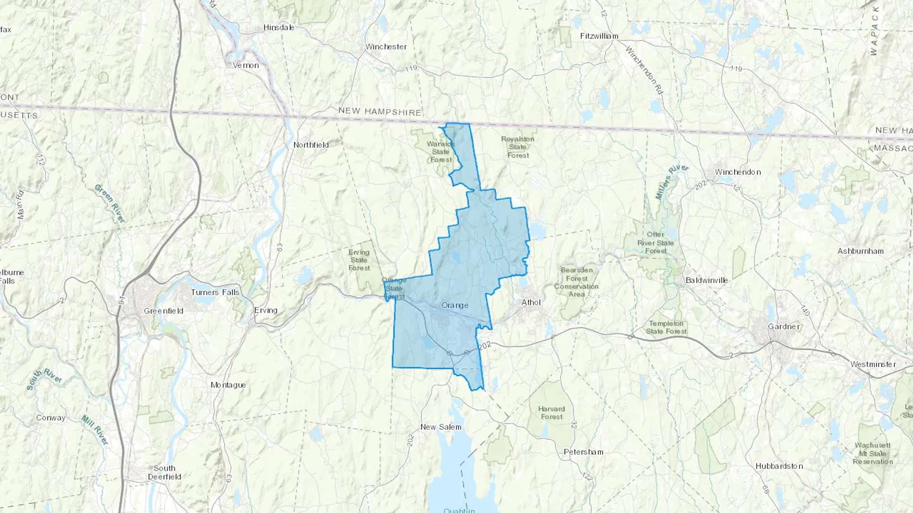 Orange, MA Cash heating Oil delivery map Map of the COD Fuel Oil delivery service area for Orange, MA