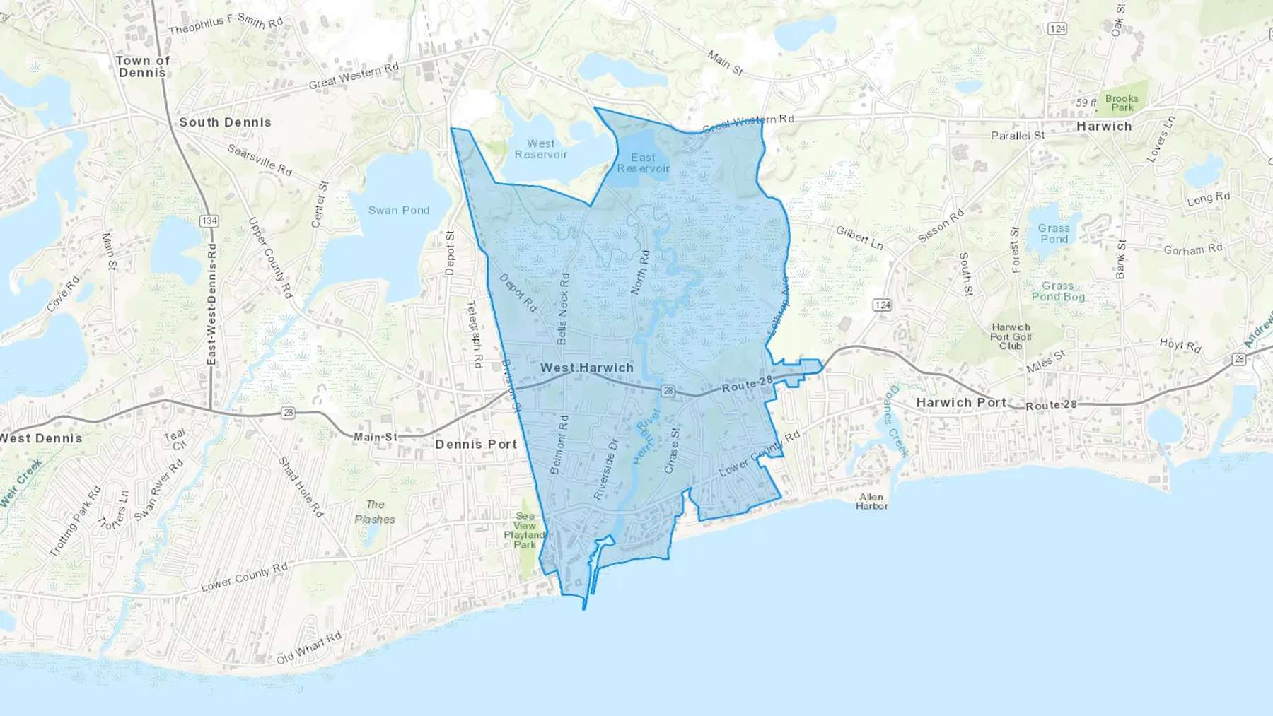 West Harwich, MA Cash heating Oil delivery map Map of the COD Fuel Oil delivery service area for West Harwich, MA