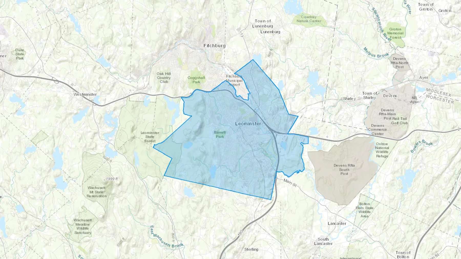 Leominster, MA Cash heating Oil delivery map Map of the COD Fuel Oil delivery service area for Leominster, MA