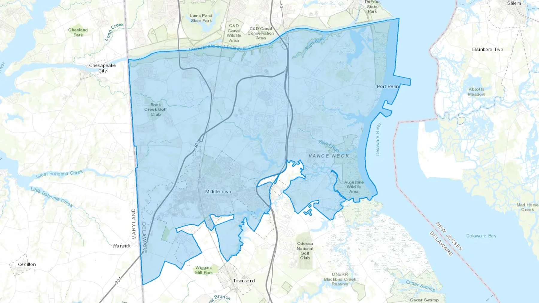 Middletown, DE Cash heating Oil delivery map Map of the COD Fuel Oil delivery service area for Middletown, DE