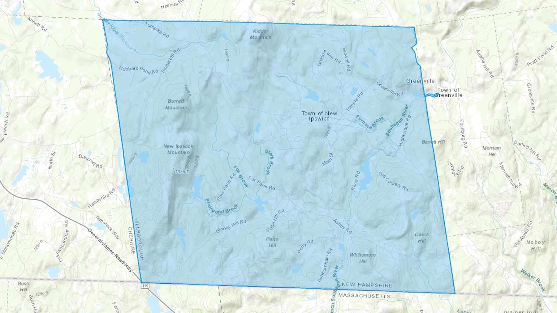 New Ipswich, NH Cash heating Oil delivery map Map of the COD Fuel Oil delivery service area for New Ipswich, NH