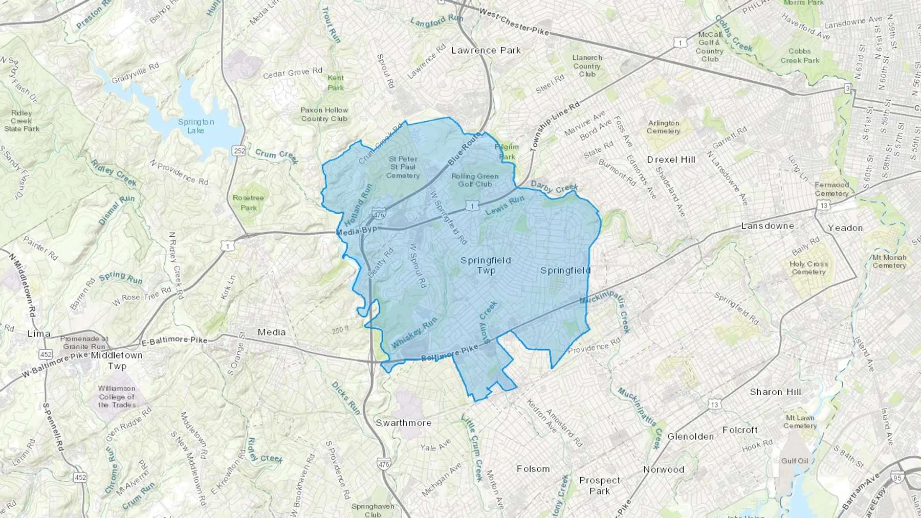Springfield, PA Cash heating Oil delivery map Map of the COD Fuel Oil delivery service area for Springfield, PA