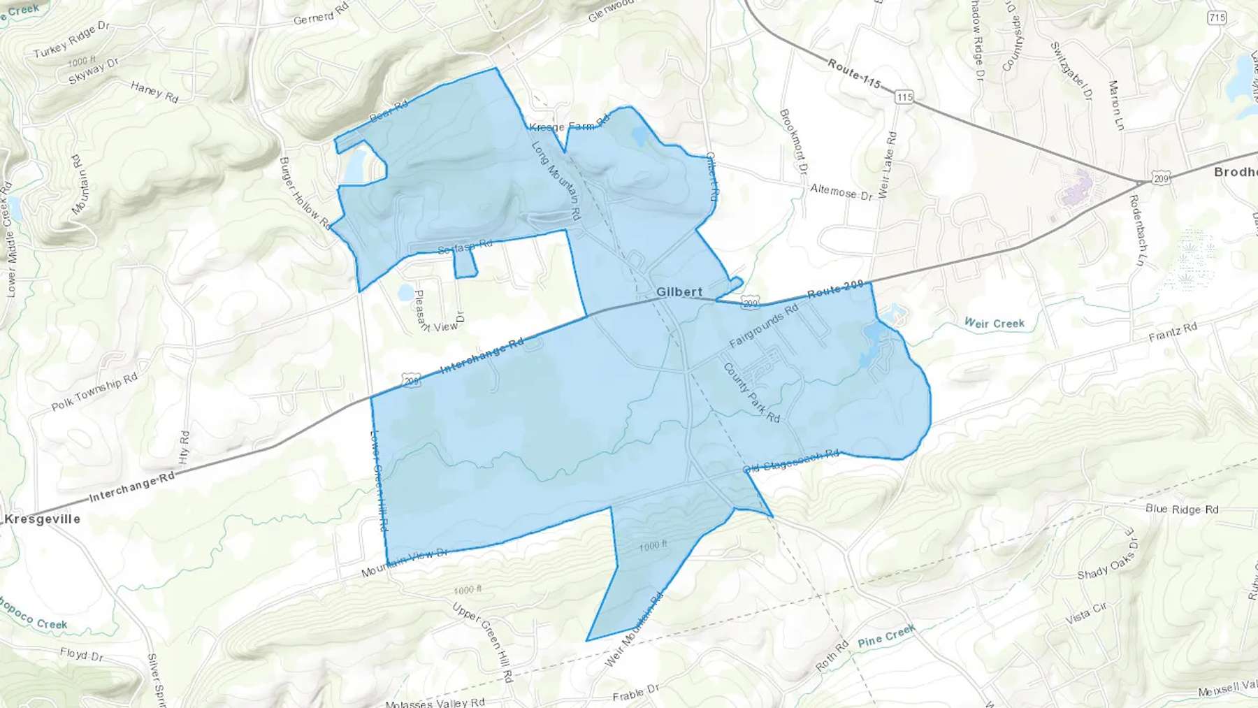 Gilbert, PA Cash heating Oil delivery map Map of the COD Fuel Oil delivery service area for Gilbert, PA