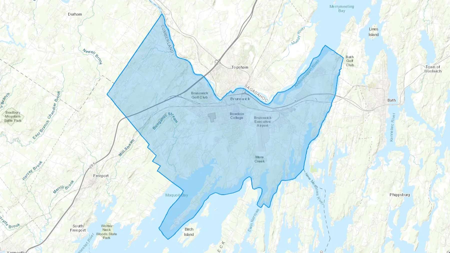 Brunswick, ME Cash heating Oil delivery map Map of the COD Fuel Oil delivery service area for Brunswick, ME