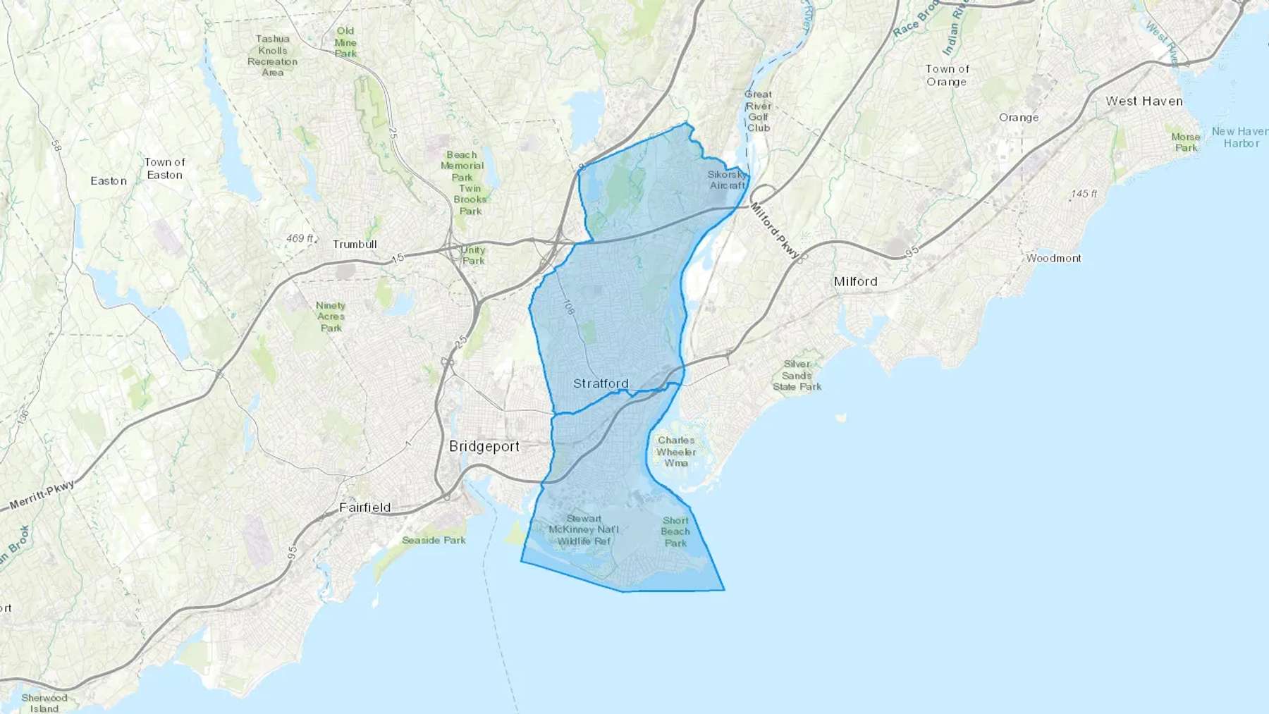 Stratford, CT Cash heating Oil delivery map Map of the COD Fuel Oil delivery service area for Stratford, CT