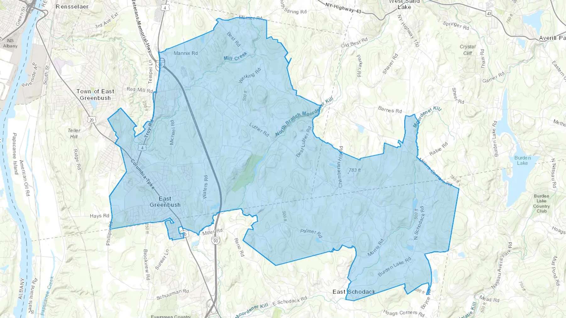 East Greenbush, NY Cash heating Oil delivery map Map of the COD Fuel Oil delivery service area for East Greenbush, NY