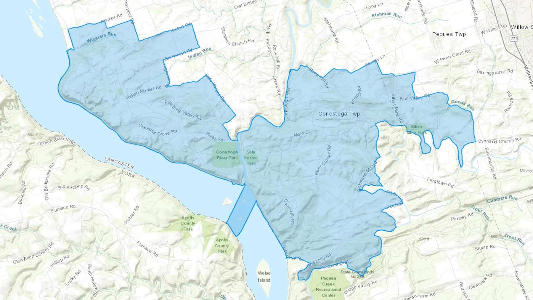 Conestoga, PA Cash heating Oil delivery map Map of the COD Fuel Oil delivery service area for Conestoga, PA