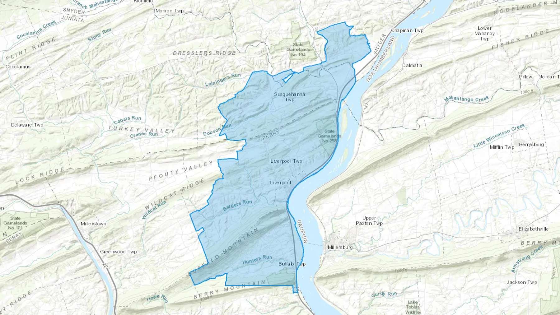 Liverpool, PA Cash heating Oil delivery map Map of the COD Fuel Oil delivery service area for Liverpool, PA