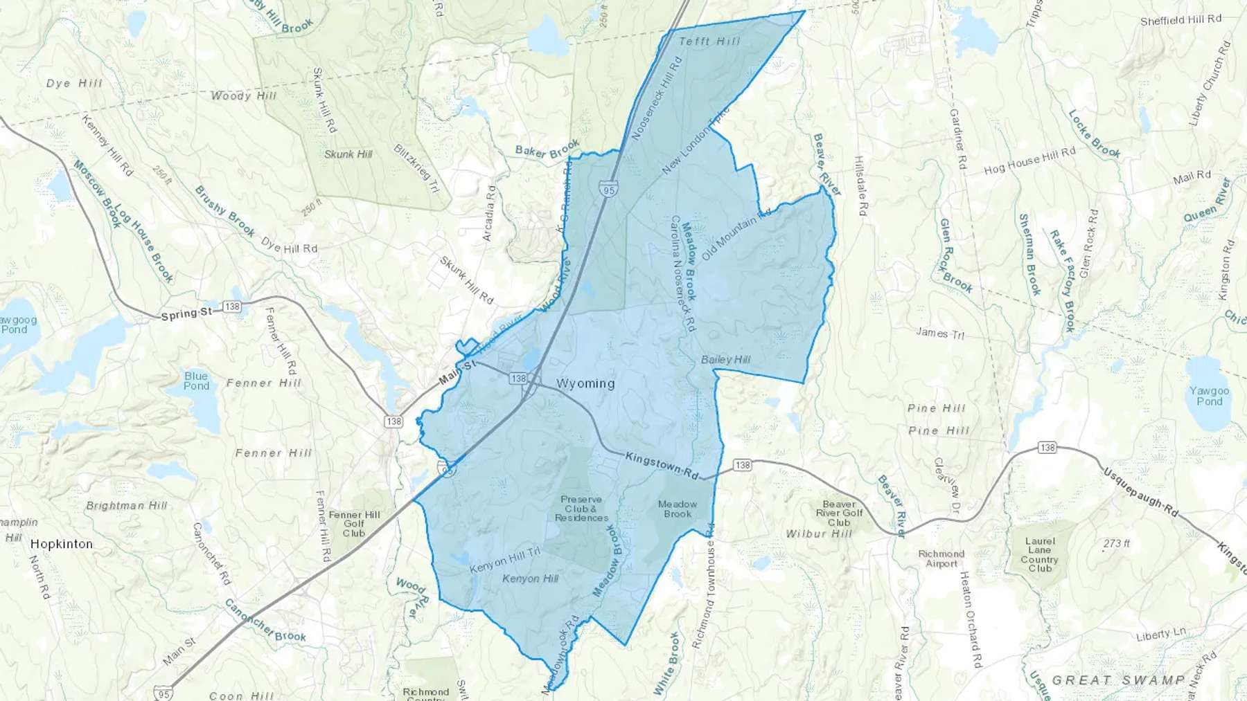 Wyoming, RI Cash heating Oil delivery map Map of the COD Fuel Oil delivery service area for Wyoming, RI