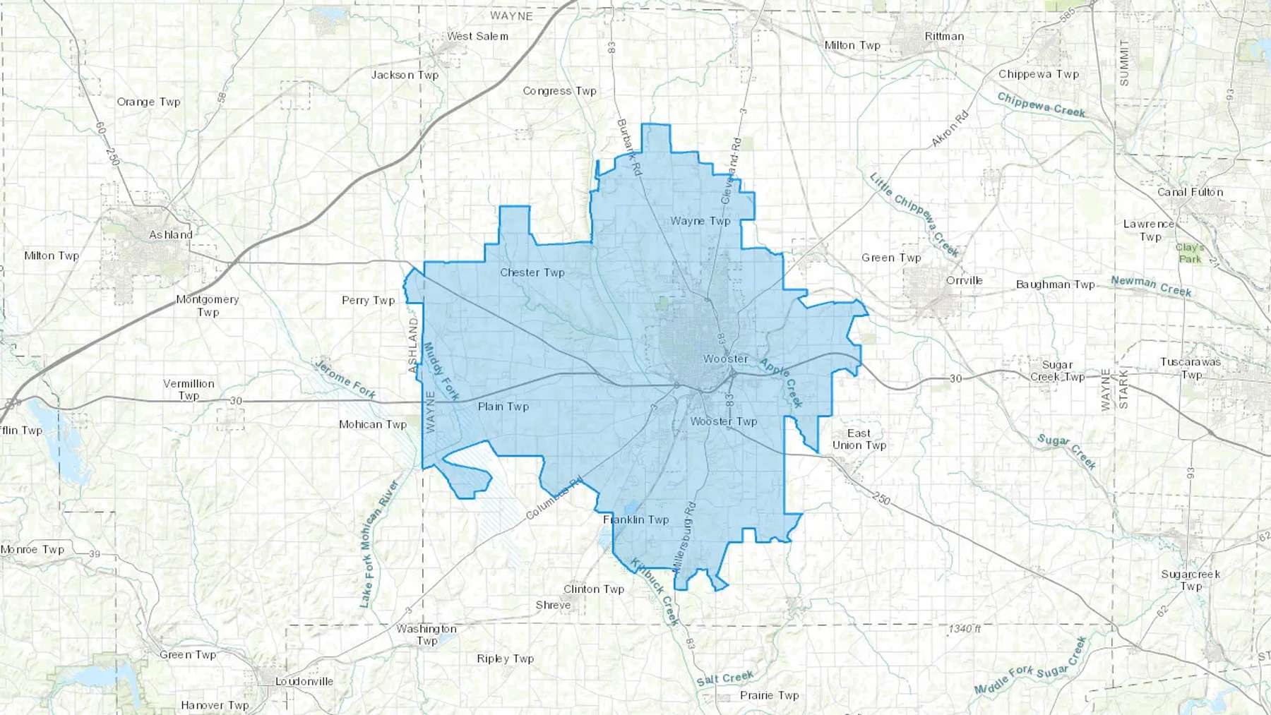 Wooster, OH Cash heating Oil delivery map Map of the COD Fuel Oil delivery service area for Wooster, OH