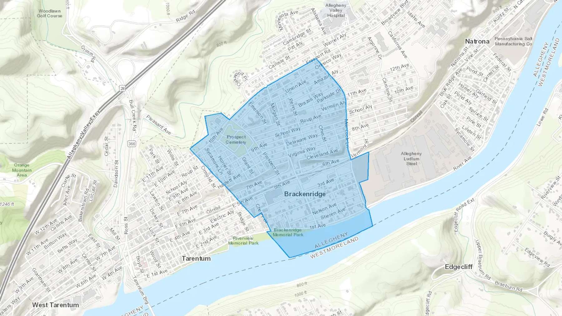 Brackenridge, PA Cash heating Oil delivery map Map of the COD Fuel Oil delivery service area for Brackenridge, PA