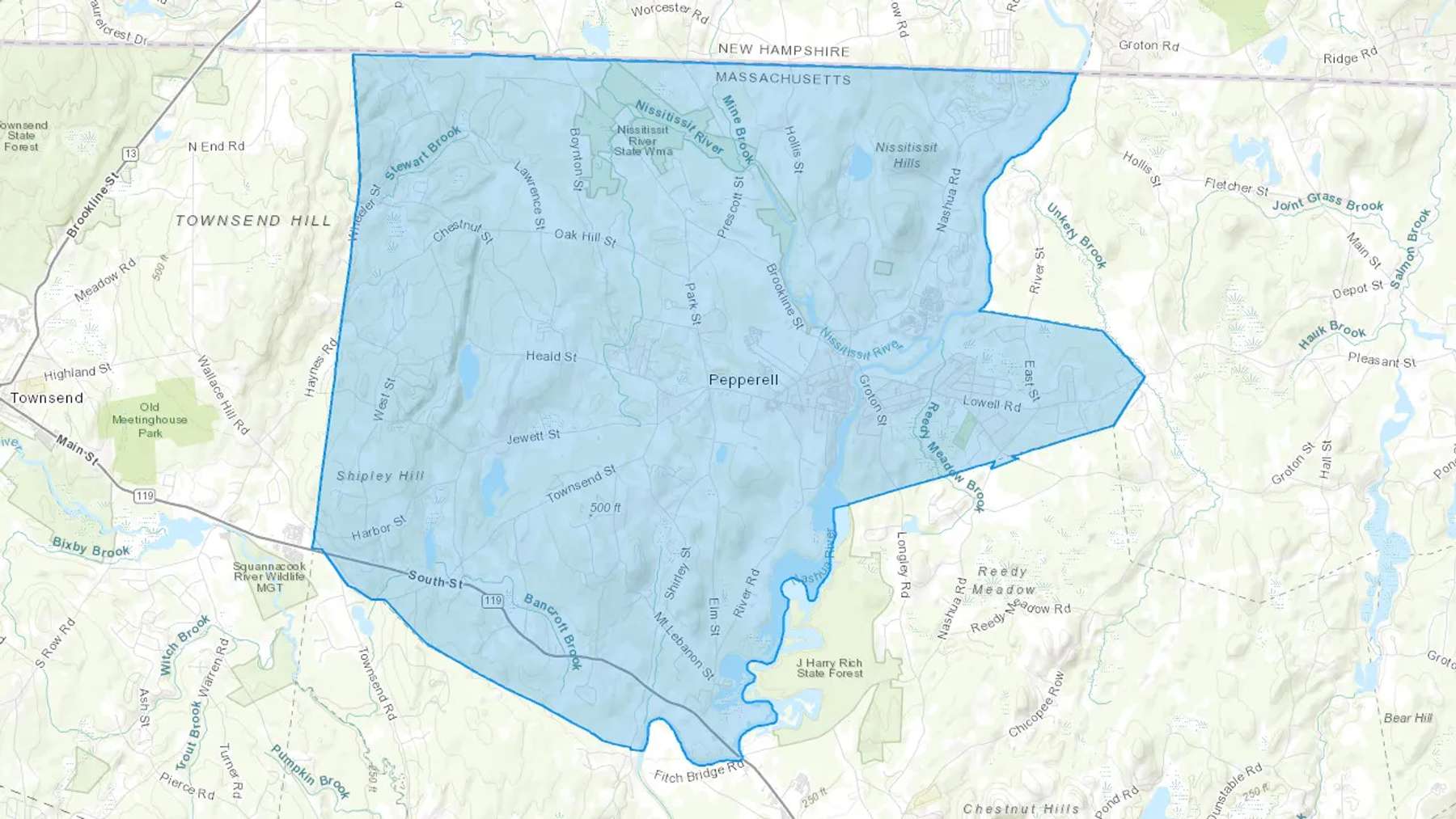Pepperell, MA Cash heating Oil delivery map Map of the COD Fuel Oil delivery service area for Pepperell, MA