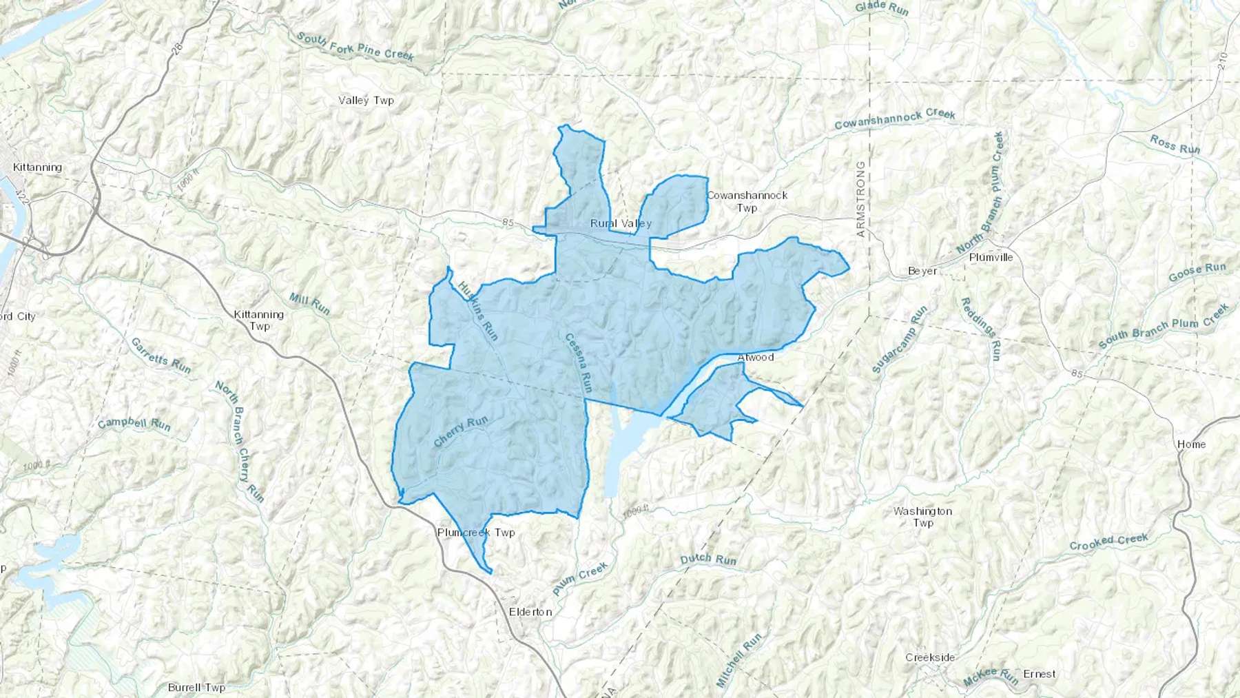 Rural Valley, PA Cash heating Oil delivery map Map of the COD Fuel Oil delivery service area for Rural Valley, PA