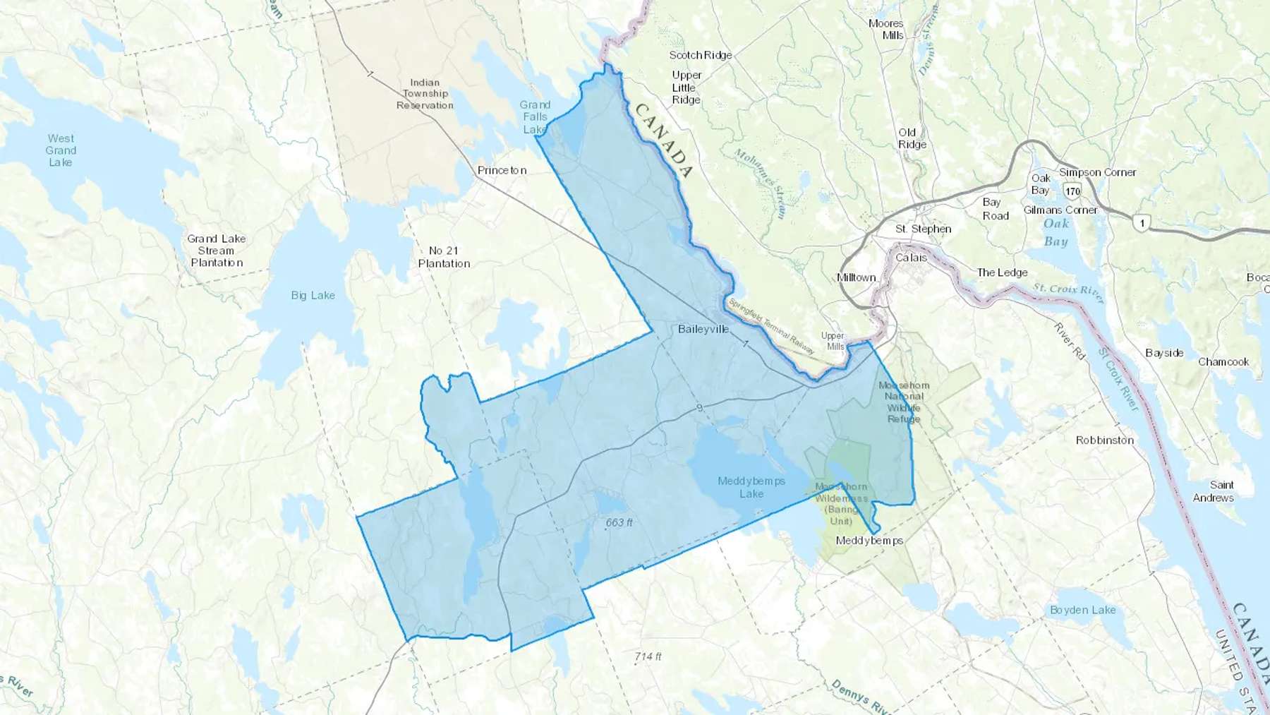 Baileyville, ME Cash heating Oil delivery map Map of the COD Fuel Oil delivery service area for Baileyville, ME