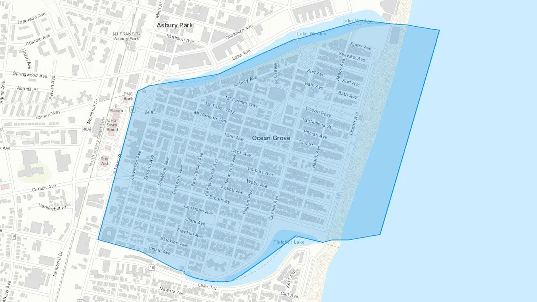 Ocean Grove, NJ Cash heating Oil delivery map Map of the COD Fuel Oil delivery service area for Ocean Grove, NJ