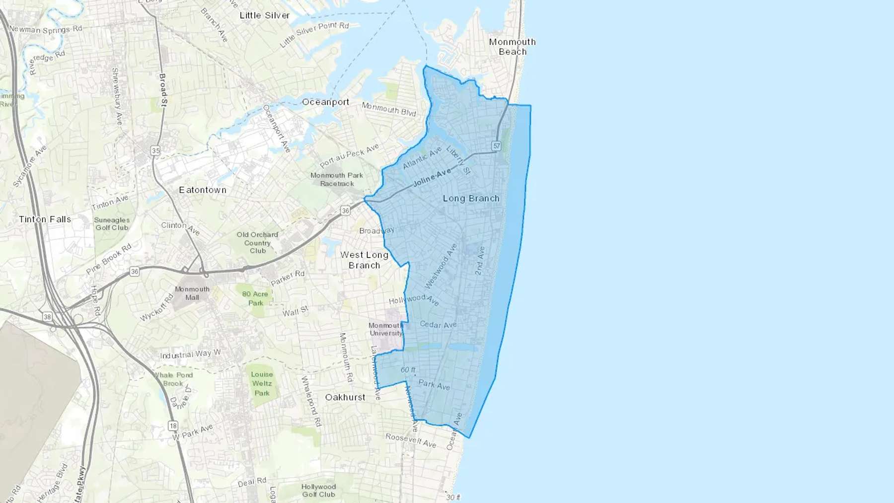 Long Branch, NJ Cash heating Oil delivery map Map of the COD Fuel Oil delivery service area for Long Branch, NJ