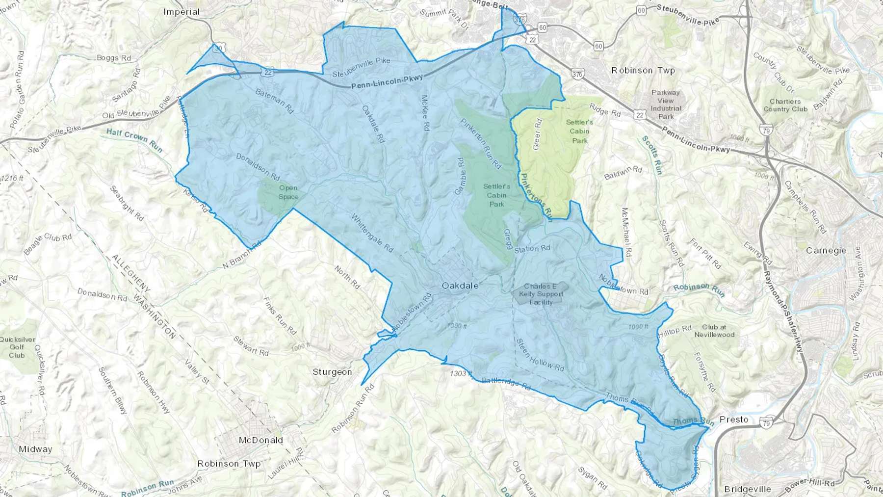 Oakdale, PA Cash heating Oil delivery map Map of the COD Fuel Oil delivery service area for Oakdale, PA