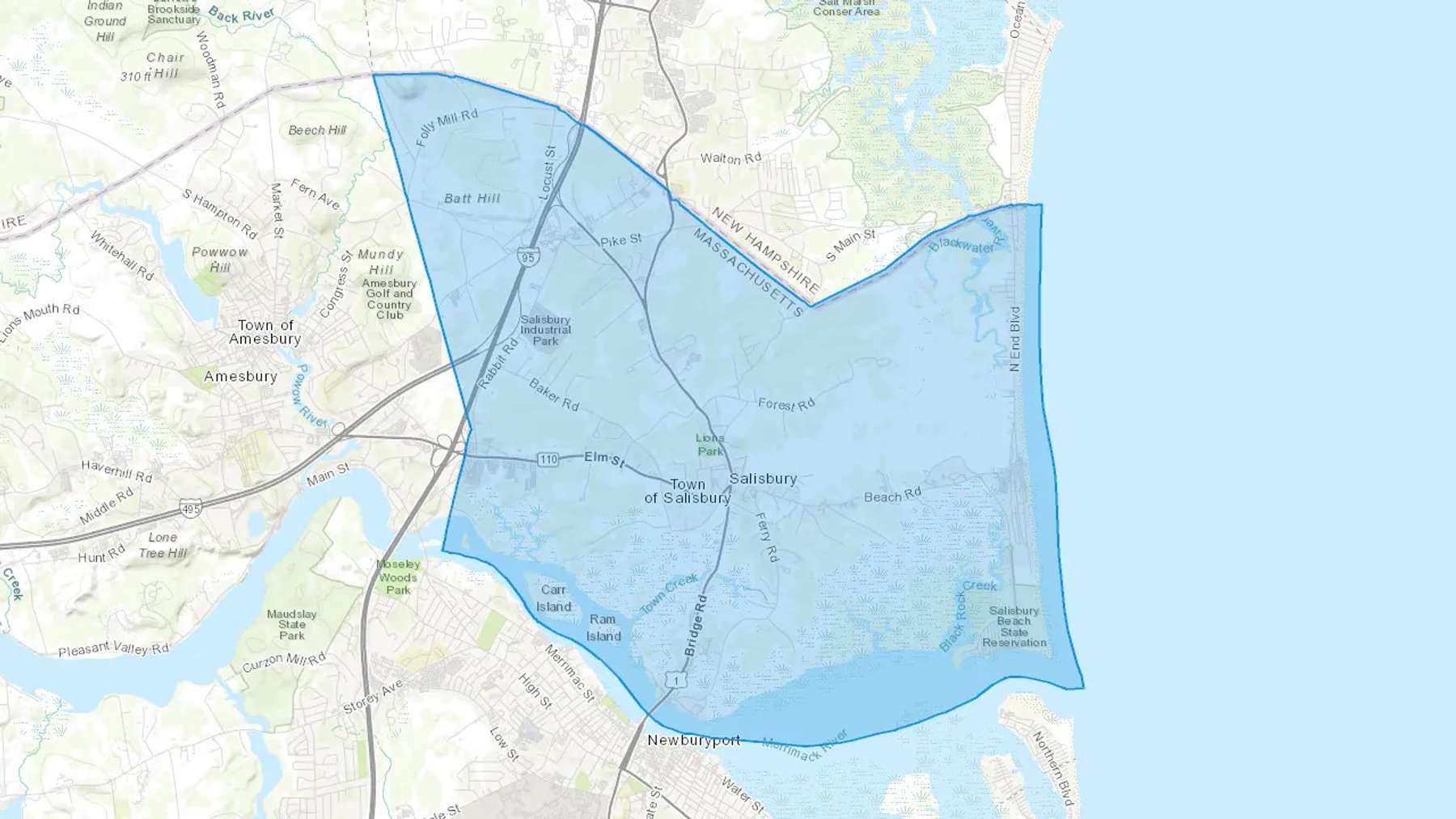 Salisbury, MA Cash heating Oil delivery map Map of the COD Fuel Oil delivery service area for Salisbury, MA