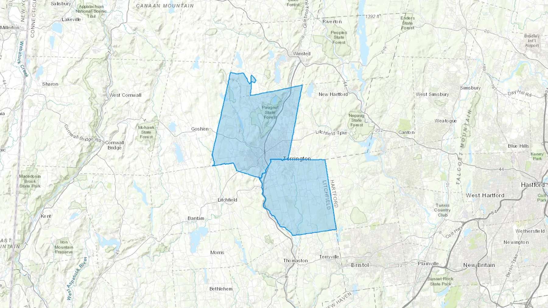 Torrington, CT Cash heating Oil delivery map Map of the COD Fuel Oil delivery service area for Torrington, CT