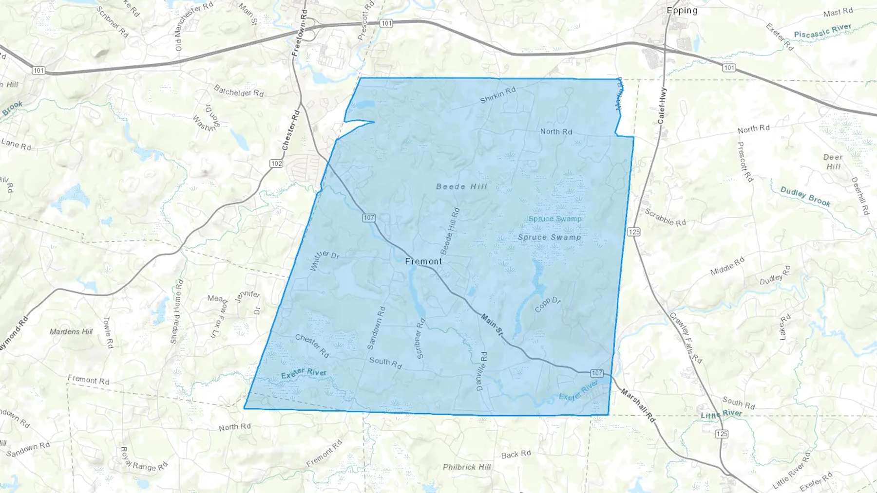 Fremont, NH Cash heating Oil delivery map Map of the COD Fuel Oil delivery service area for Fremont, NH