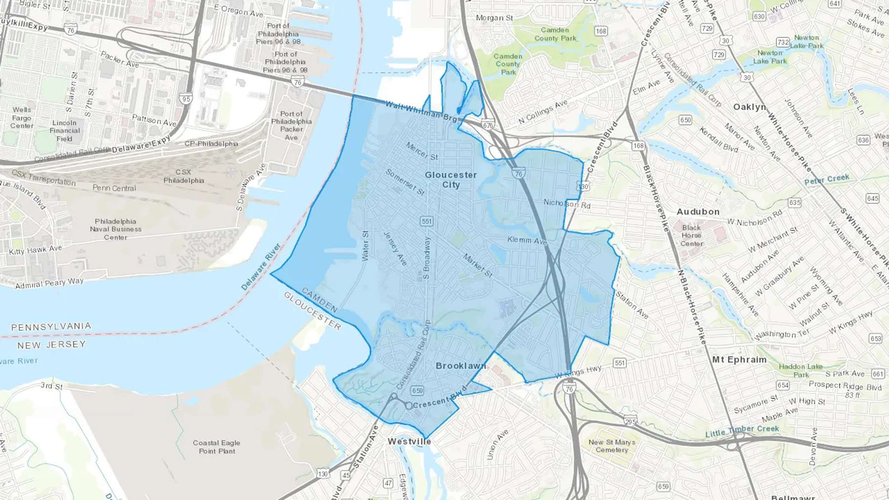 Gloucester City, NJ Cash heating Oil delivery map Map of the COD Fuel Oil delivery service area for Gloucester City, NJ