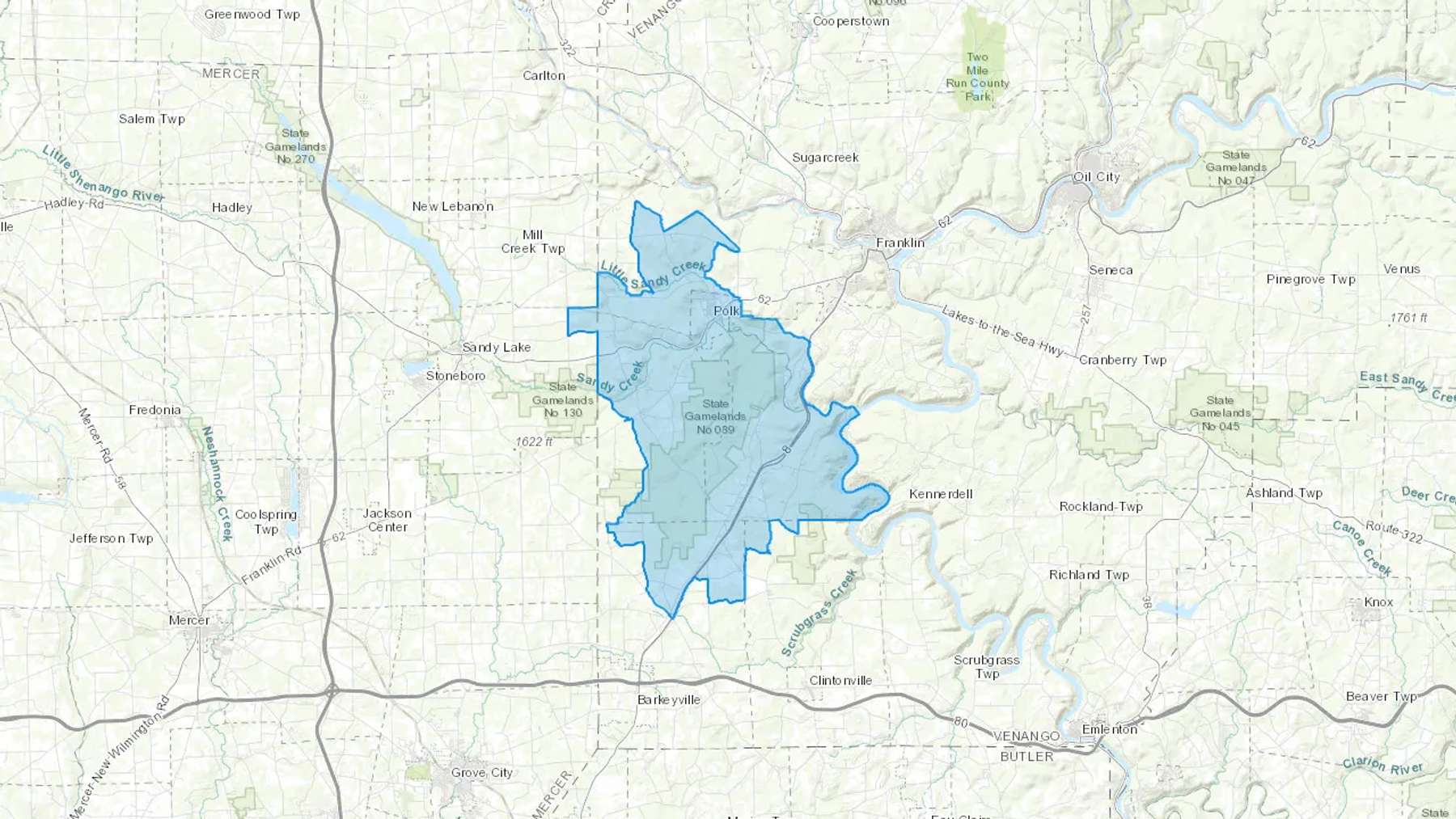 Polk, PA Cash heating Oil delivery map Map of the COD Fuel Oil delivery service area for Polk, PA