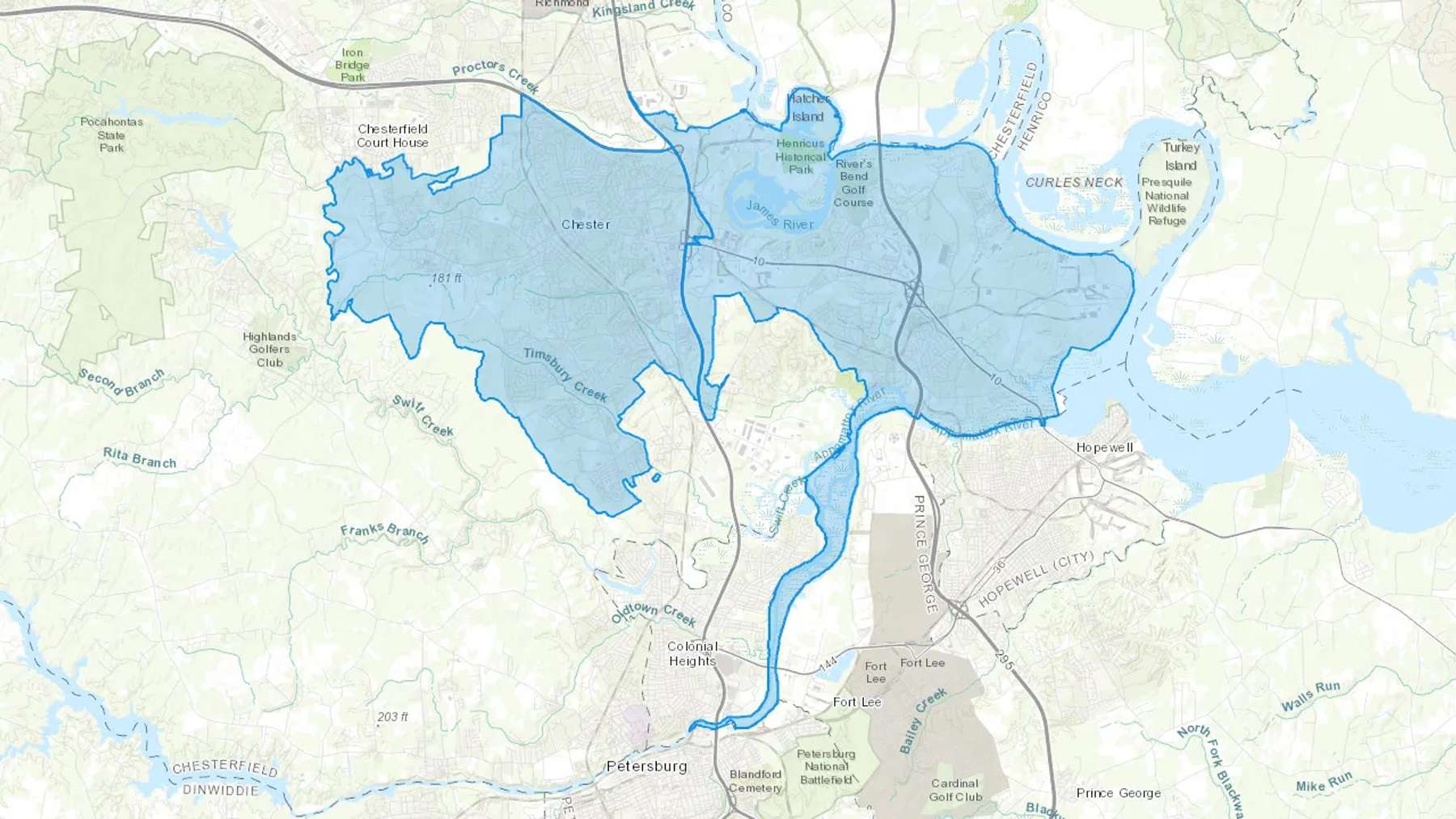 Chester, VA Cash heating Oil delivery map Map of the COD Fuel Oil delivery service area for Chester, VA