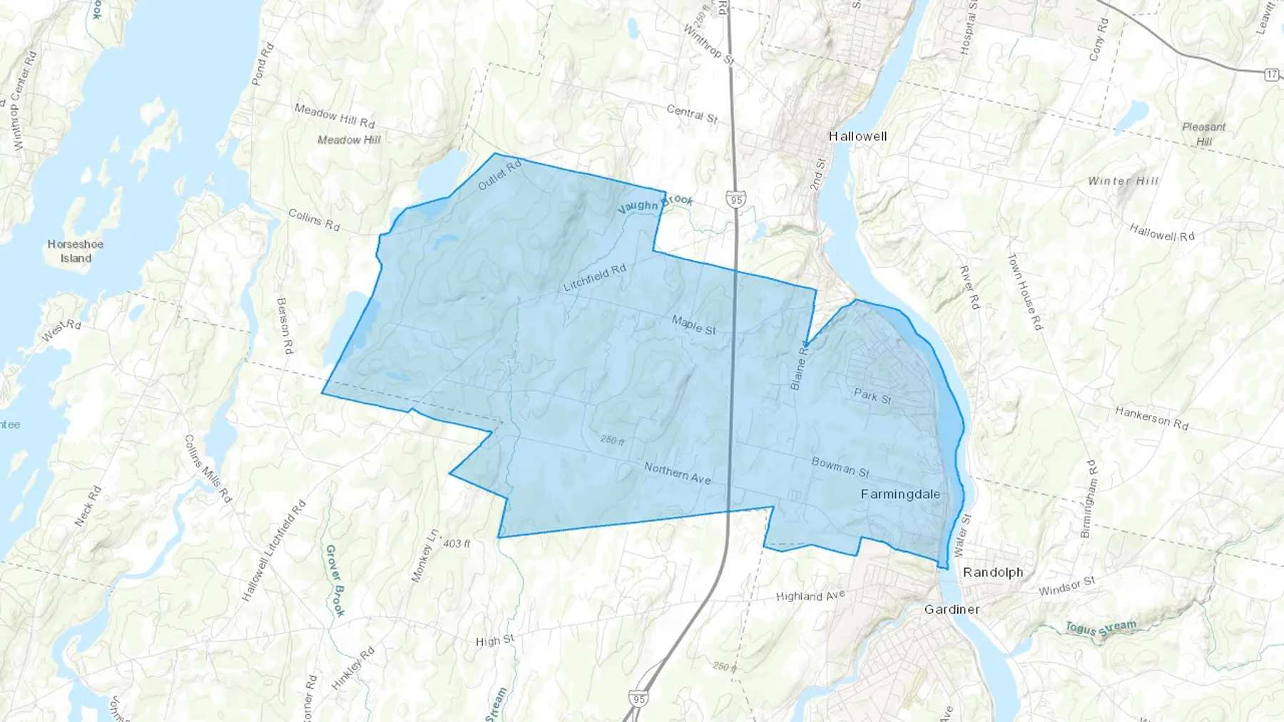 Farmingdale, ME Cash heating Oil delivery map Map of the COD Fuel Oil delivery service area for Farmingdale, ME