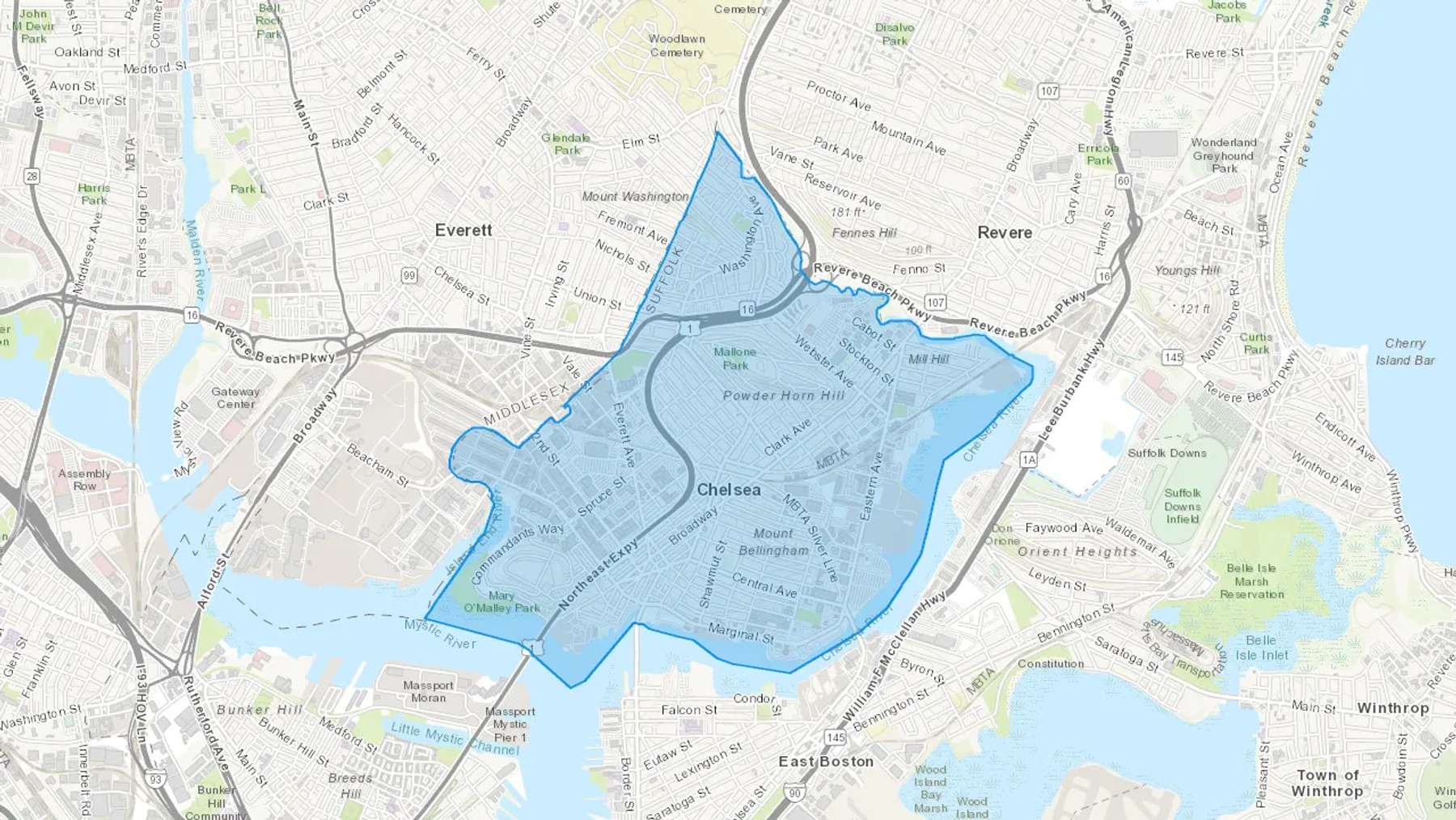 Chelsea, MA Cash heating Oil delivery map Map of the COD Fuel Oil delivery service area for Chelsea, MA