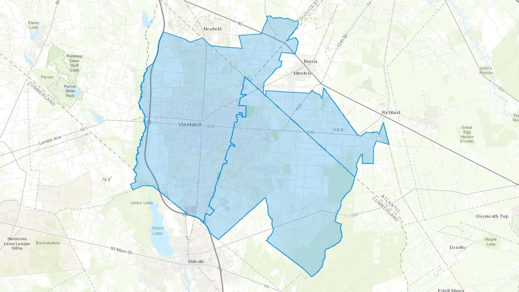 Vineland, NJ Cash heating Oil delivery map Map of the COD Fuel Oil delivery service area for Vineland, NJ