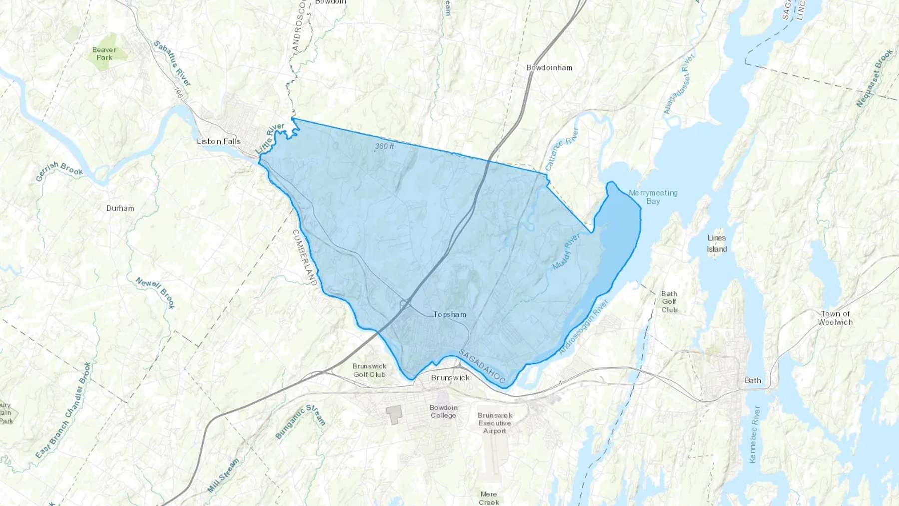 Topsham, ME Cash heating Oil delivery map Map of the COD Fuel Oil delivery service area for Topsham, ME