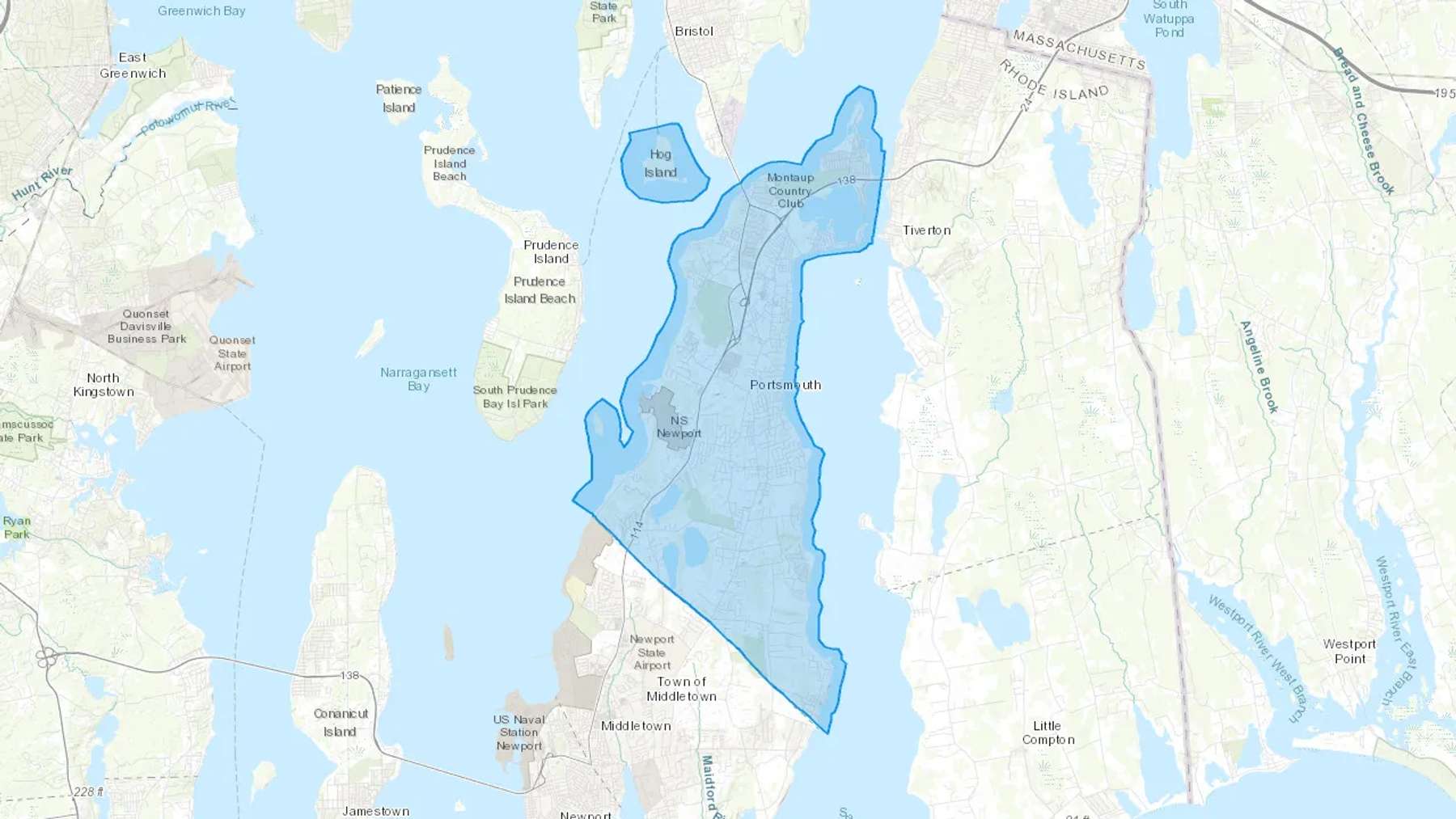 Portsmouth, RI Cash heating Oil delivery map Map of the COD Fuel Oil delivery service area for Portsmouth, RI