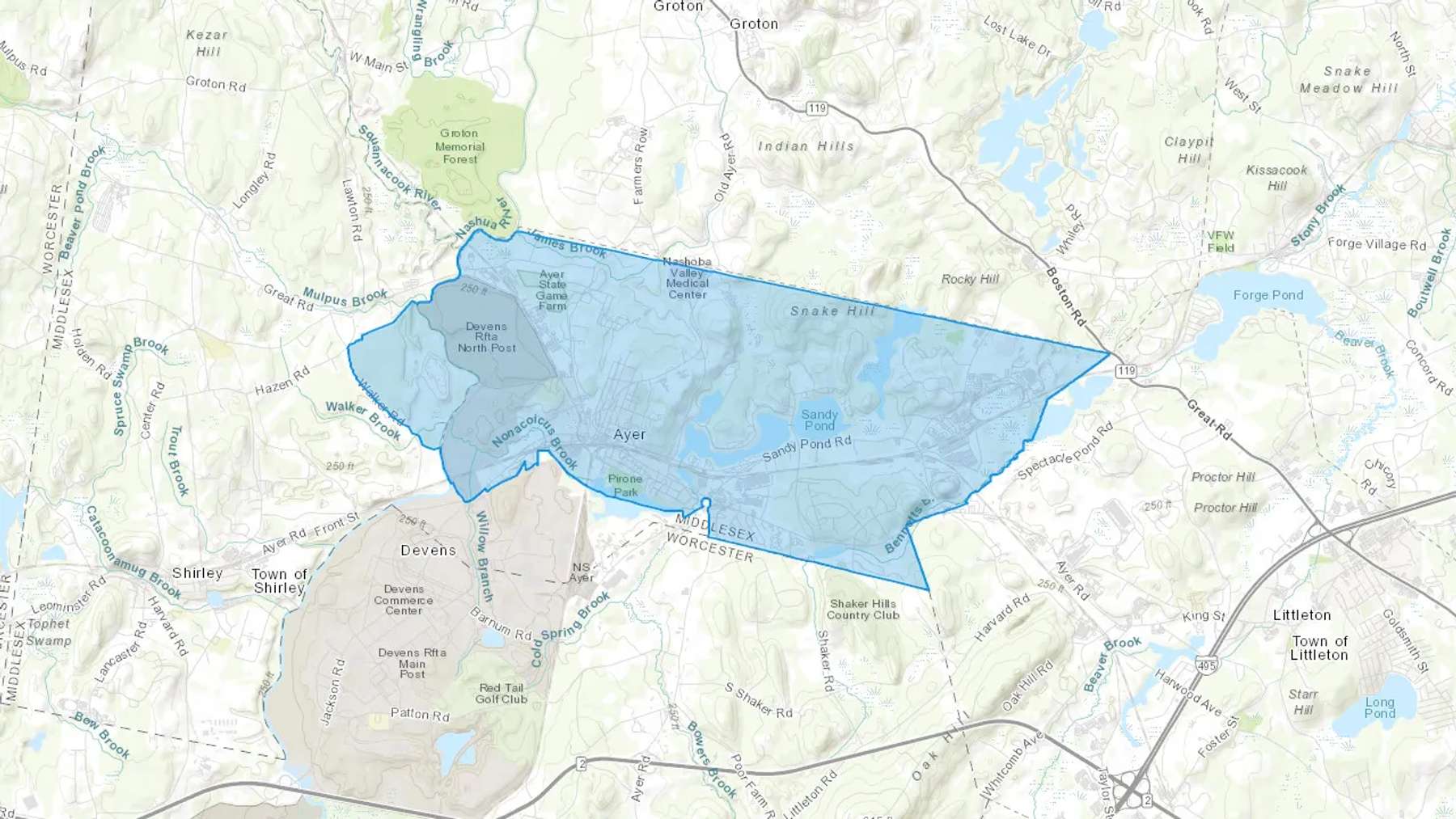 Ayer, MA Cash heating Oil delivery map Map of the COD Fuel Oil delivery service area for Ayer, MA