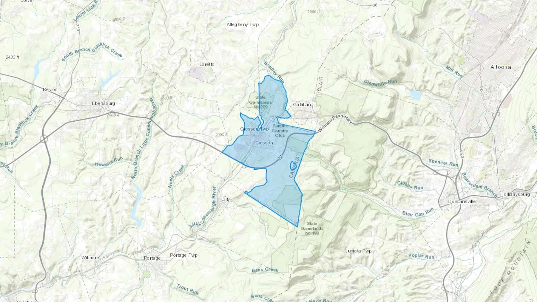Cresson, PA Cash heating Oil delivery map Map of the COD Fuel Oil delivery service area for Cresson, PA