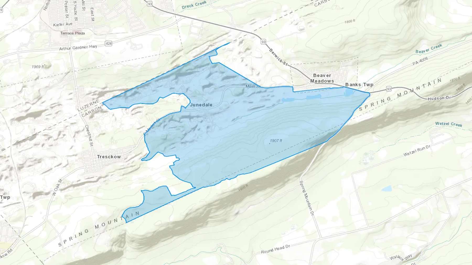 Junedale, PA Cash heating Oil delivery map Map of the COD Fuel Oil delivery service area for Junedale, PA