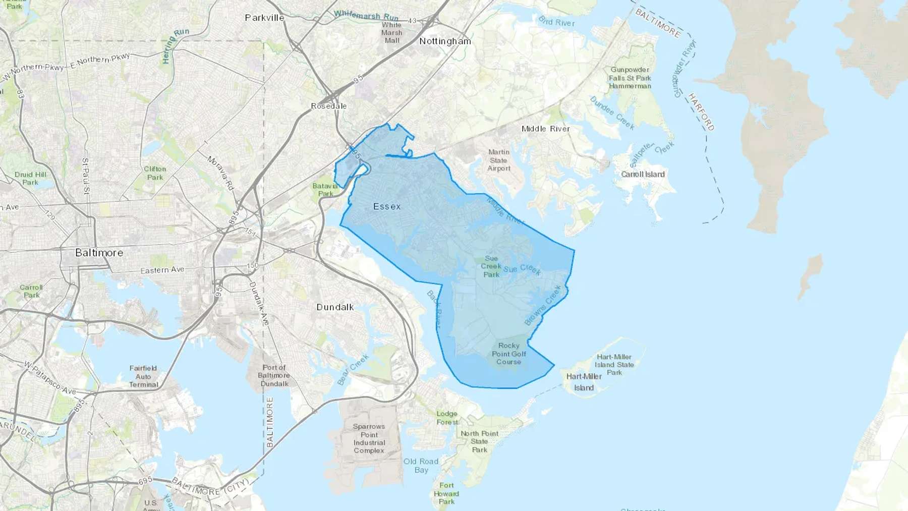 Essex, MD Cash heating Oil delivery map Map of the COD Fuel Oil delivery service area for Essex, MD