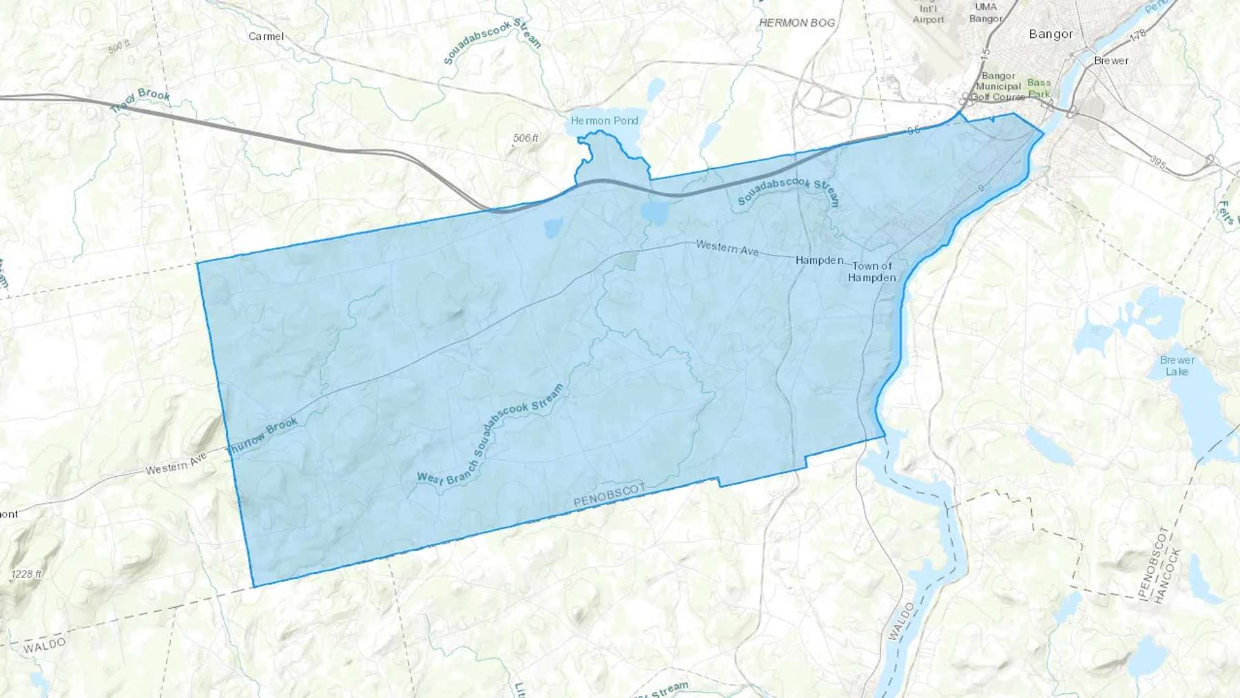 Hampden, ME Cash heating Oil delivery map Map of the COD Fuel Oil delivery service area for Hampden, ME