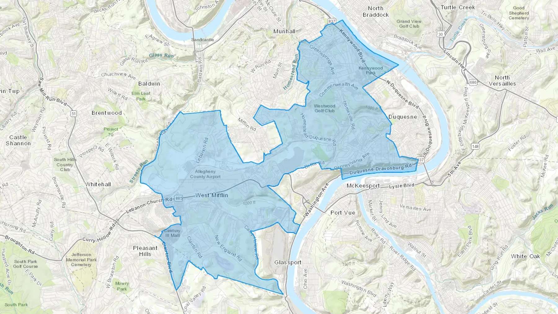 West Mifflin, PA Cash heating Oil delivery map Map of the COD Fuel Oil delivery service area for West Mifflin, PA