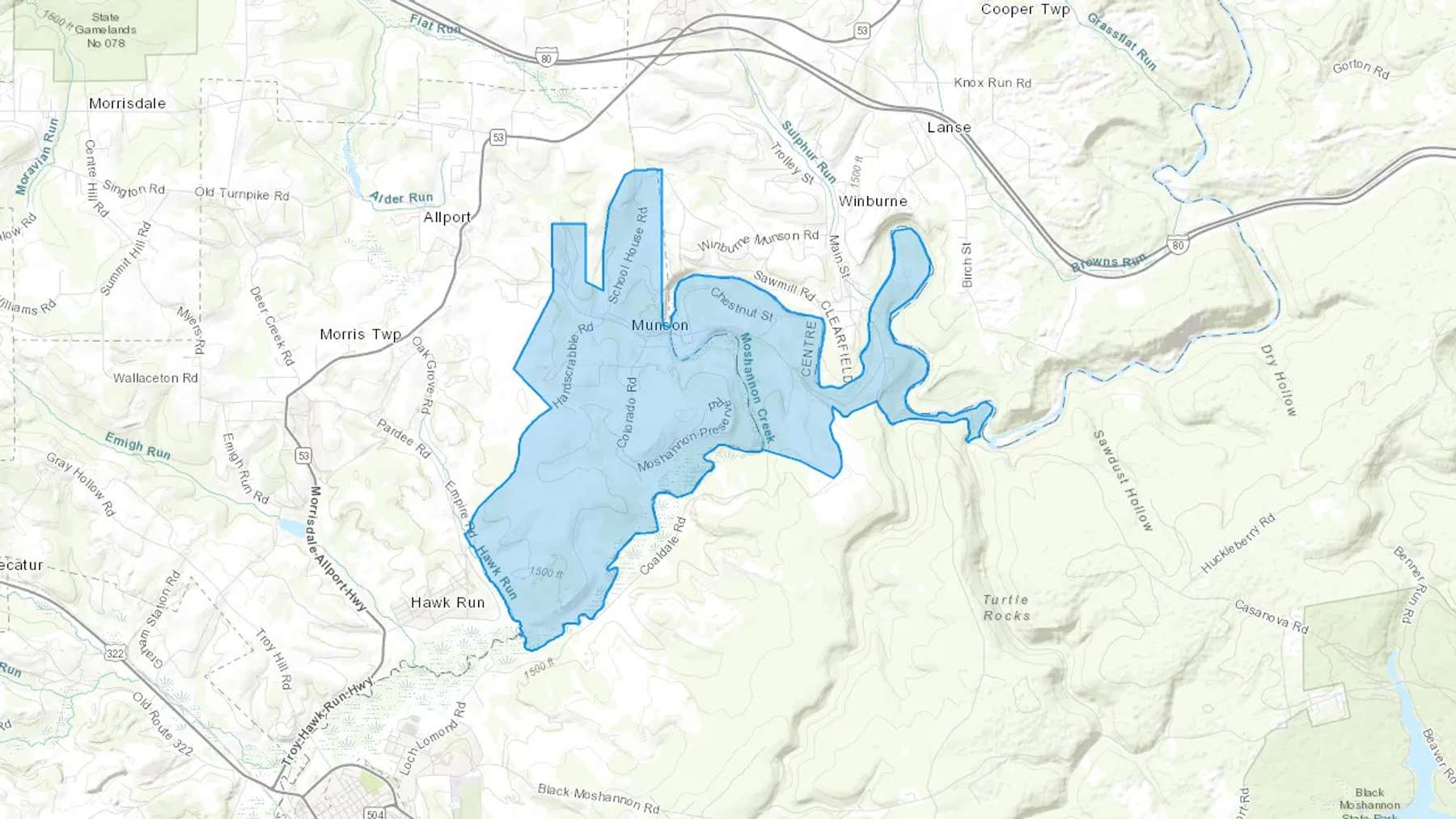 Munson, PA Cash heating Oil delivery map Map of the COD Fuel Oil delivery service area for Munson, PA