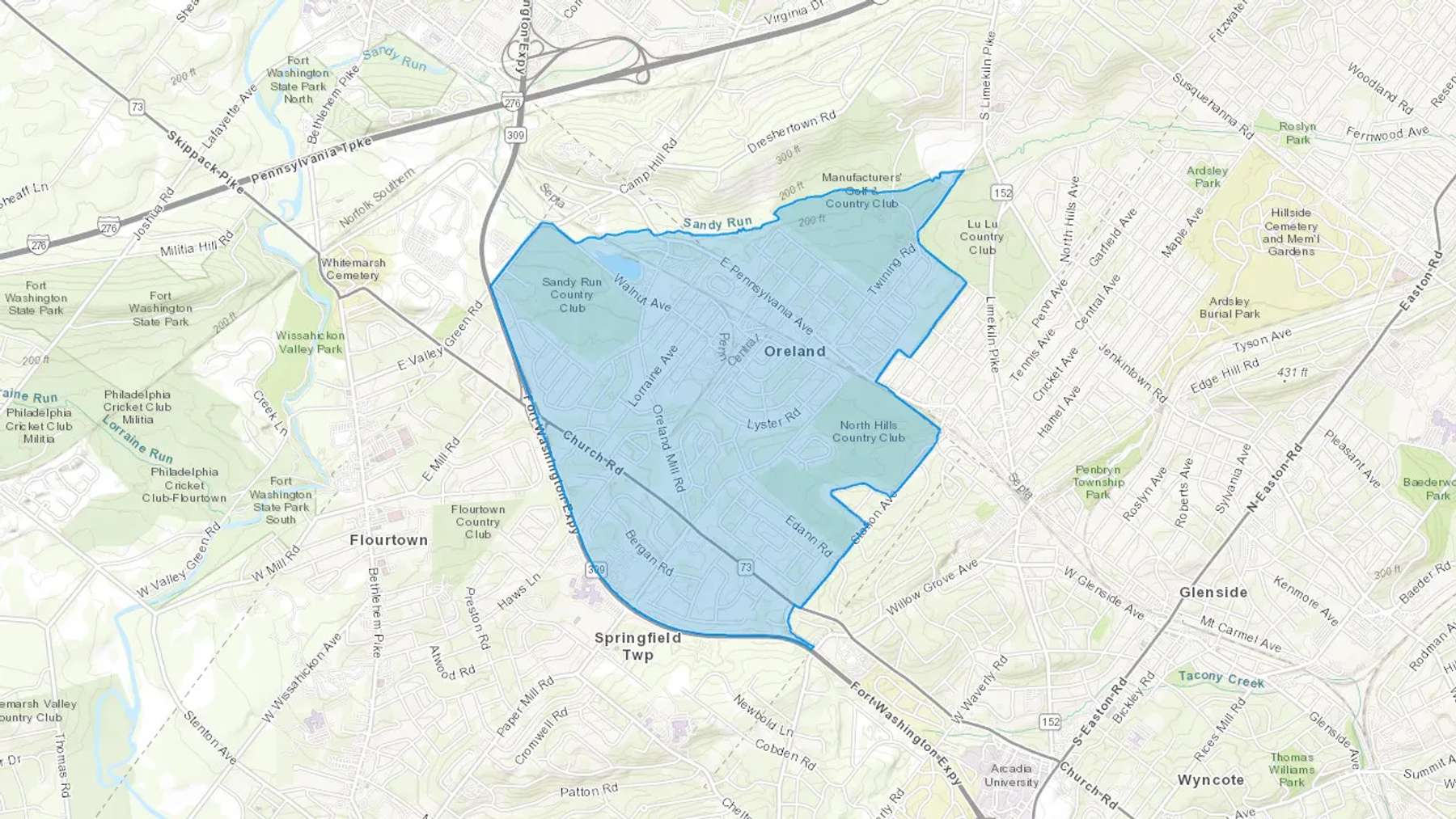Oreland, PA Cash heating Oil delivery map Map of the COD Fuel Oil delivery service area for Oreland, PA