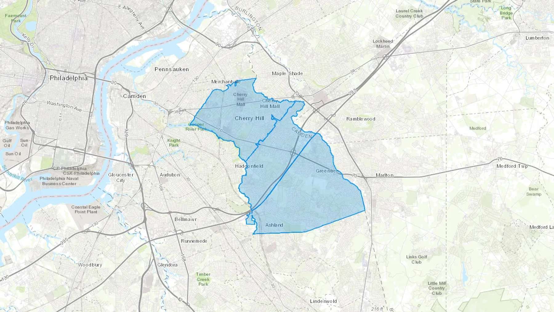 Cherry Hill, NJ Cash heating Oil delivery map Map of the COD Fuel Oil delivery service area for Cherry Hill, NJ