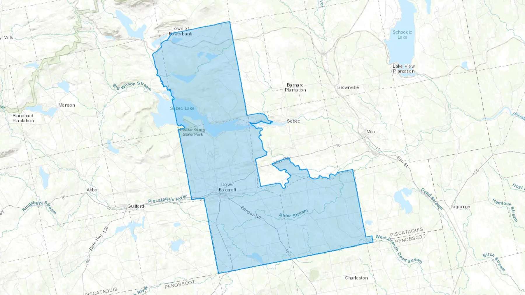 Dover Foxcroft, ME Cash heating Oil delivery map Map of the COD Fuel Oil delivery service area for Dover Foxcroft, ME