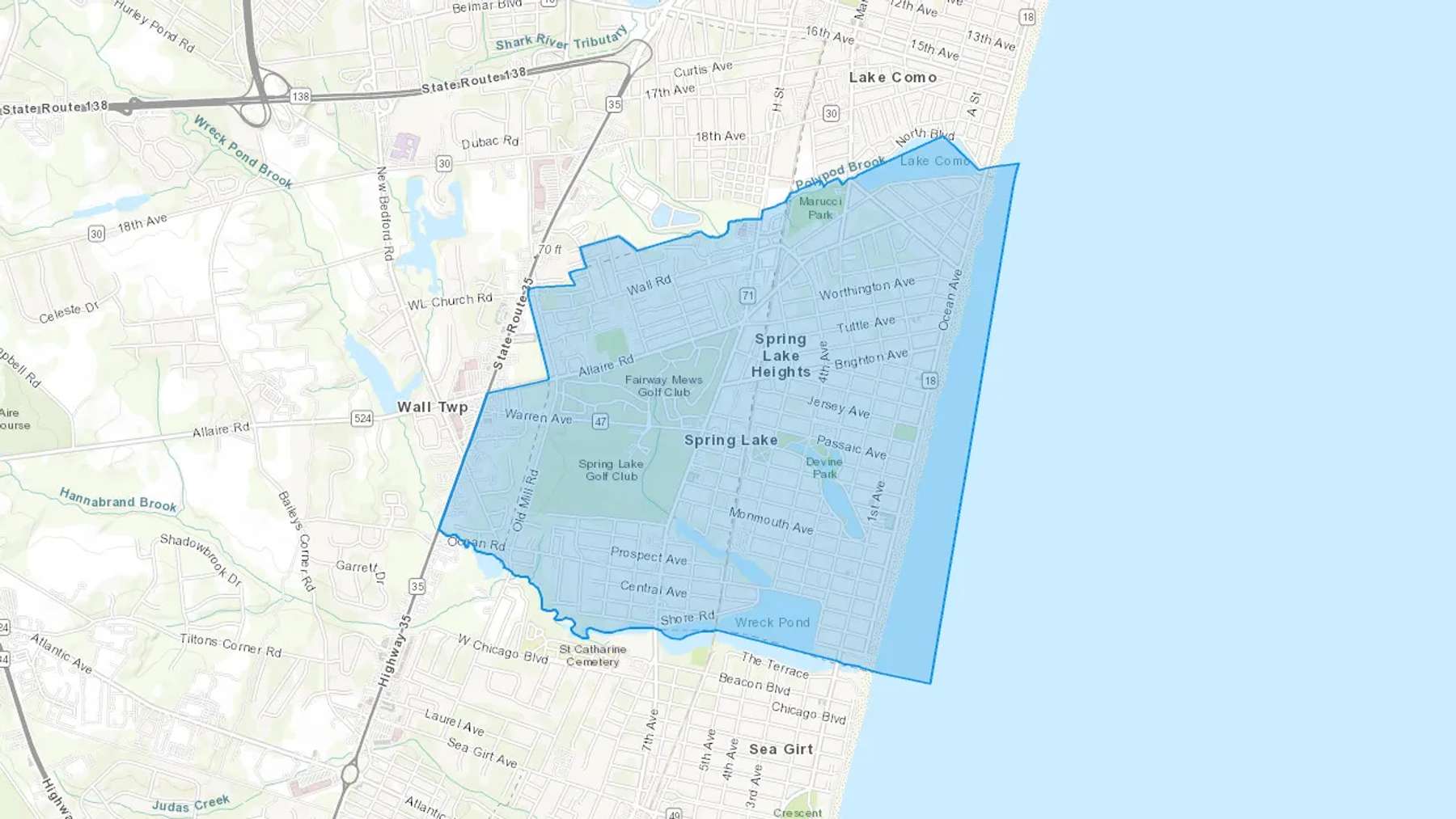 Spring Lake, NJ Cash heating Oil delivery map Map of the COD Fuel Oil delivery service area for Spring Lake, NJ